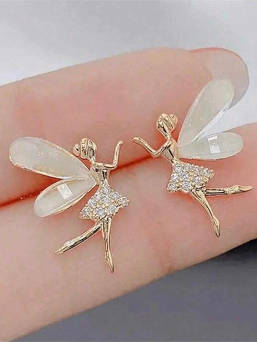 Gold Fairy Wing Stud Earrings with White Enamel Wings